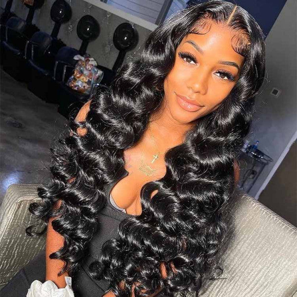 Brazilian Virgin Loose Wave Human Hair Pre plucked Lace Front Wigs Natural Black