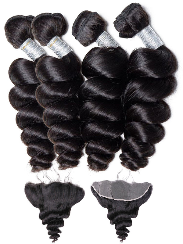 Loose Wave Virgin Human Hair 4 Bundles with 13x4 Frontal Natural Black